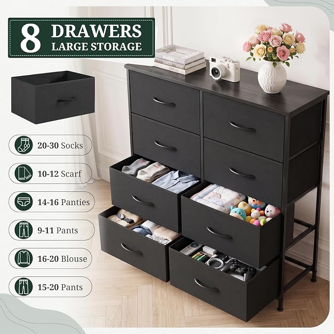 8-Drawer Dresser for Bedroom, Upgraded Anti-Tip Tall Storage Organizer | Chest of Drawers with Wooden Top and Metal Frame Fabric Bins for Closet, Living Room, Hallway, Entryway, Soft Black