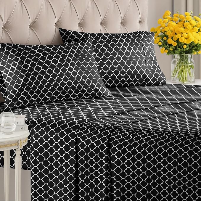 Full 4 Piece Striped Sheet Set - Breathable & Cooling - Black Quatrefoil | 1 Flat, 1 Fitted & 2 Pillowcases w/ Deep Pockets, Luxury Striped Bedding, Soft, Breathable & Cooling, Wrinkle & Fade Free
