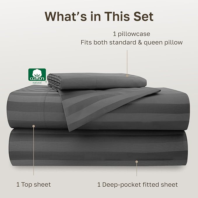 California Design Den 100% Cotton Sateen Twin XL Sheets, 3 Pcs Set | Soft 500 Thread Count Backed by Good Housekeeping Seal, All-Around Elastic, Easy Care, OEKO-TEX certified - Grey Striped