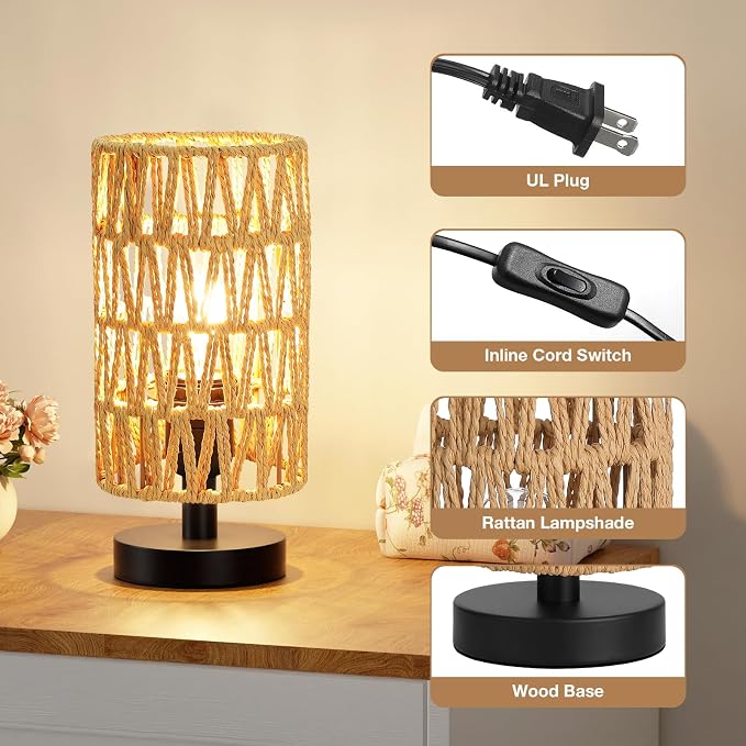 Table Lamps (Rattan Rope Shade - Black Base, 9" Inline Control) | 3000K LED Blub Included | 680 Lumens | Easy Assembly | Minimalist Design | E26 | for Kitchen | for Kids Room