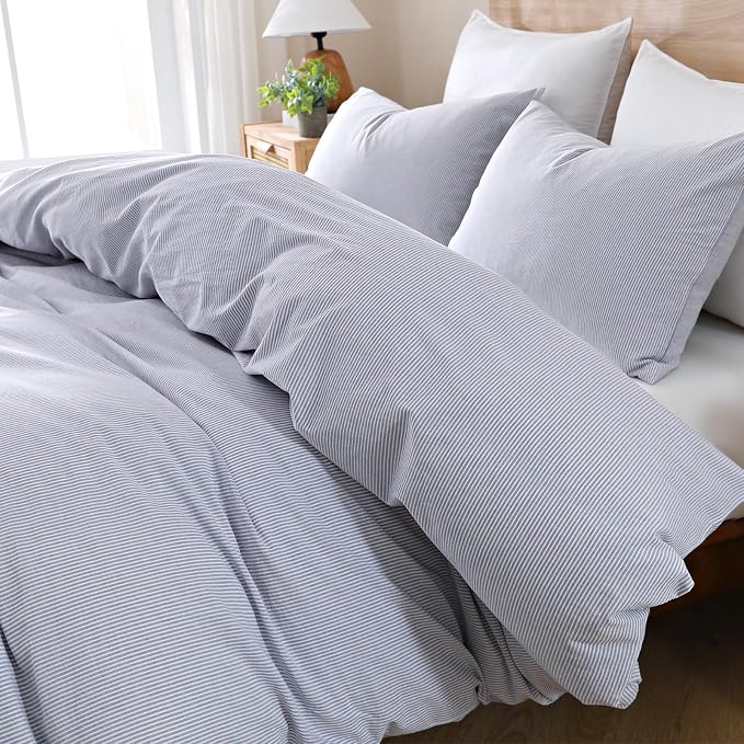 TOCOMOA Blue Striped Duvet Cover Set 100% Washed Cotton Like Linen, King | Linen-Like Feel Soft, Breathable & Comfy for All Season. Pinstriped Bedding Set with Zipper & 8 Ties. 3 Pcs, No Insert