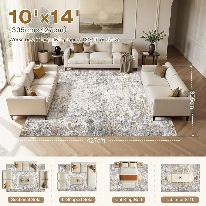 UERMEI 10x14 Area Rug Living Room Rugs Washable Neutral Brown Grey Carpet | Modern Abstract Non-Slip Soft Large Low Pile Floor Rugs for Bedroom Dining Room Home Office Indoor Decor