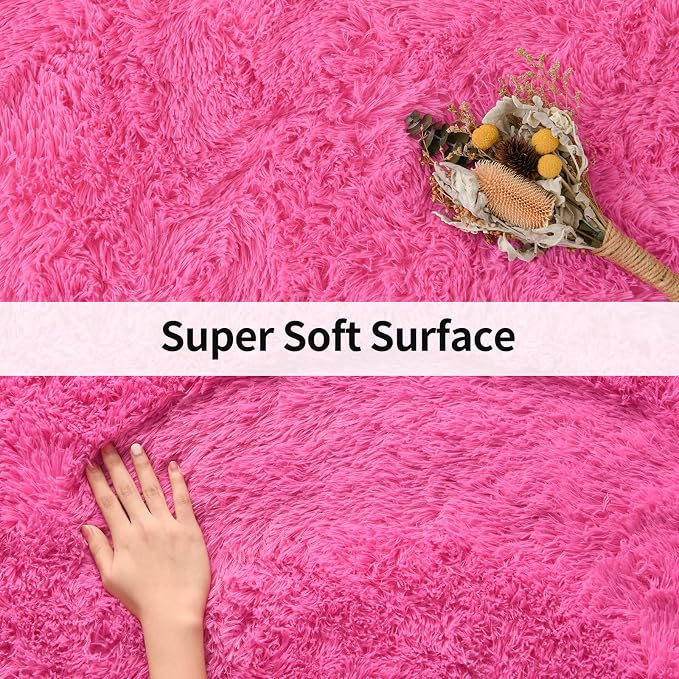 Modern Soft Fluffy Large Shaggy Rug for Bedroom Livingroom Dorm Kids Room Indoor Home Decorative, Non-Slip Plush Furry Fur Area Rugs Comfy Nursery Accent Floor Carpet 4'x6' Hot Pink