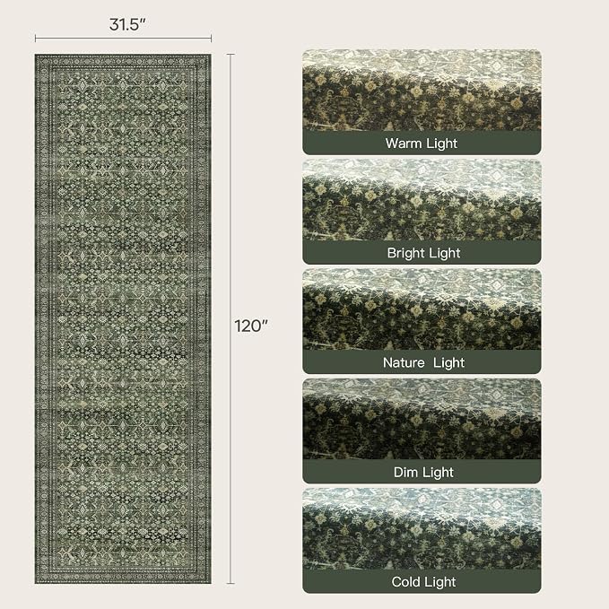 2'6"x10' Area Rugs for Hallways, Green Washable Non-Slip Kitchen Runner Rug | Low Pile Runner Rugs, Soft Carpet for Kitchen Bathroom Bedroom Laundry, Stain Resistant Foldable Vintage Distressed Rug