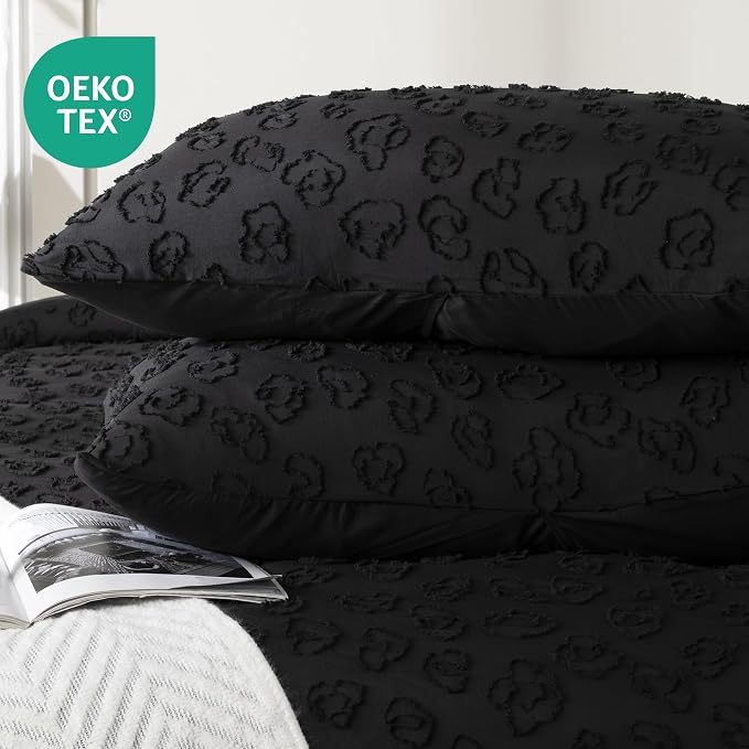 ROSE&RISY Black Leopard Jacquard Textured Queen Duvet Cover Set, 3 Pieces Soft Tufted Bedding Queen Set All Seasons, Breathable and Cozy, Includes 1 Duvet Cover, 2 Pillowcases (Black, King Size)