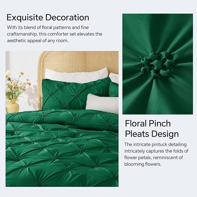 BEDELITE Queen Comforter Set Forest Green,Lightweight & Soft Comforter | Pintuck Boho Bedding, Warm & Cute Bed Set for All Season,With 2 Pillowcases