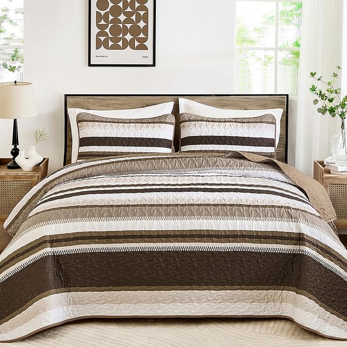 WONGS BEDDING Striped King Quilt Bedding Set, Brown Lightweight Bedspread | Lightweight Microfiber Coverlet, Breathable All-Season, Machine Washable, 3-Piece Set 110"x90", Great for Men Boys Dorm Room