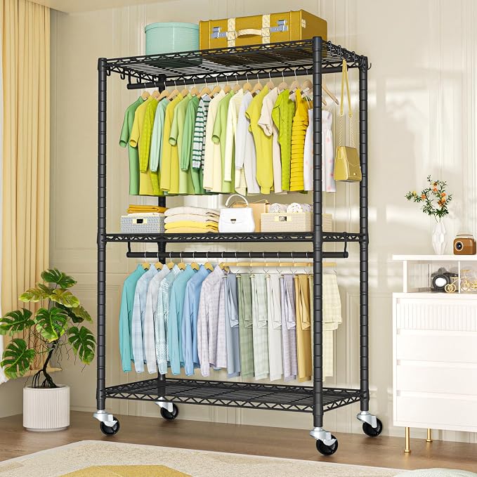 FUTASSI Rolling Clothes Rack, Clothing Racks for Hanging Clothes, Black | P3 Plus Heavy Duty Garment Rack with Wheels, Freestanding Portable Closet Racks 45" W x 14" D x 78.5" H, Max Load 480 LBS
