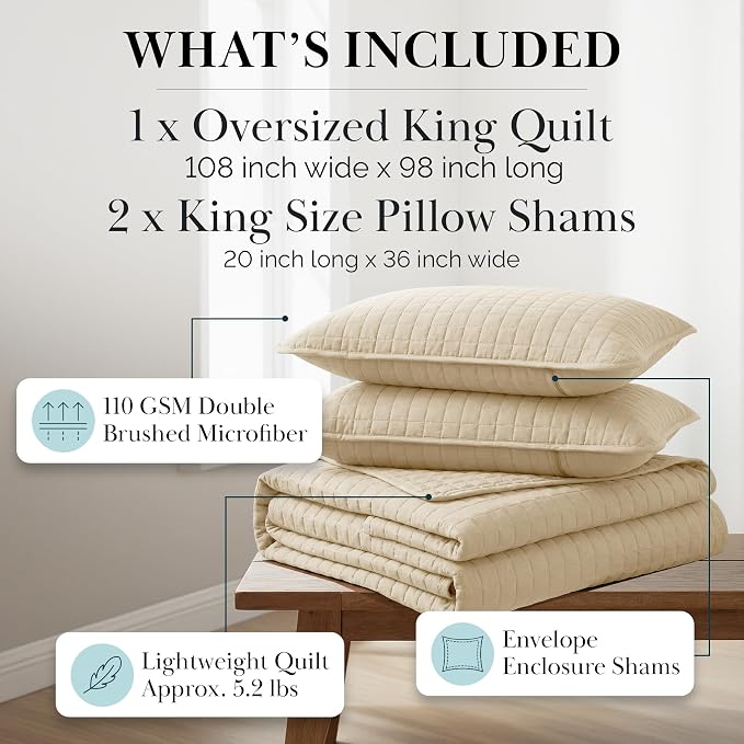 Southshore Fine Living, Inc. Oversized King Quilt Bedding Set, Hotel Quilts, Easy Care Pet Hair Resistant Bedding Sets, California King Size Coverlet Bedspread Set, Beige Quilt w/2 Shams, Soft Sand