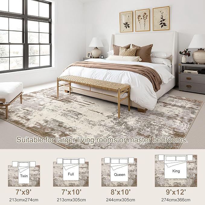 UERMEI 9x12 Washable Area Rug - Neutral Modern Abstract Living Room Rugs, Non-Slip Soft Large Indoor Floor Carpet for Bedroom Home Office & Under Dining Table Decor, Brown/Grey/Beige