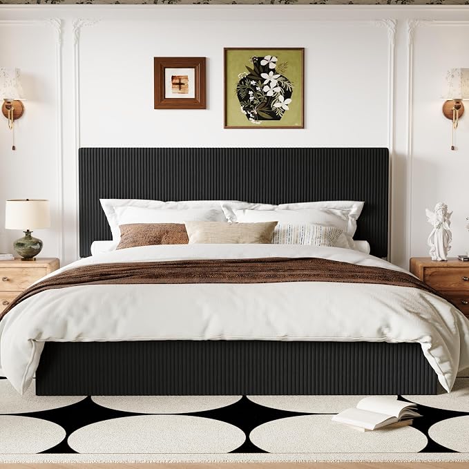 Allewie King Bed Frame, Adjustable Corduroy Headboard, Platform, Black | Adjustable Headboard, Corduroy Fabric, Low Profile, Wooden Slats, 1000 lb Capacity, No Box Spring Needed