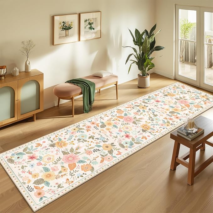 Floral Washable 2x8 Area Rugs Runner Entryway Hallway Beige/White/Orange | Flower Carpet, Print, Boho, Non-Slip, Easy to Clean, Low Pile, Soft, for Living Room Bedroom Kitchen Office Entrance