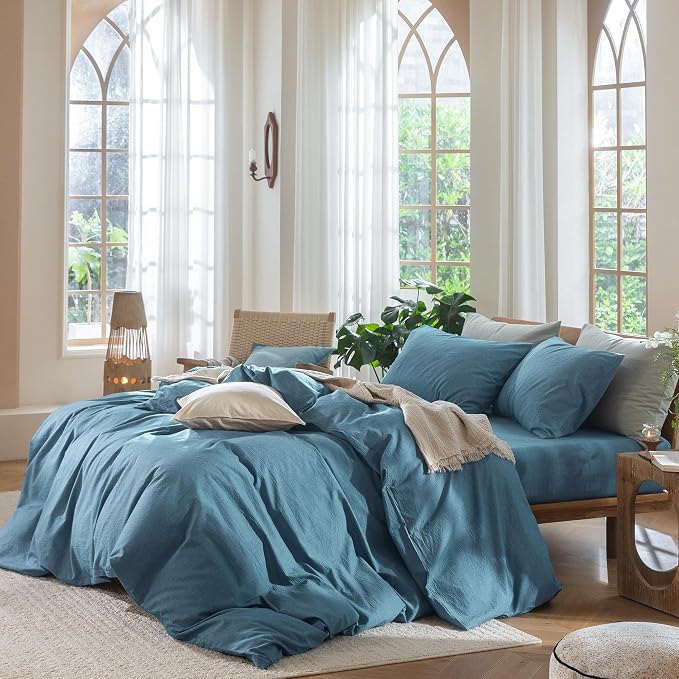 MooMee Duvet Cover Set 100% Washed Cotton Linen Like King | Relaxed Linen-like Texture. Soft, Breathable & Long-lasting Comfort. Lightweight. Hidden Zipper with 8 Interior Corner Ties