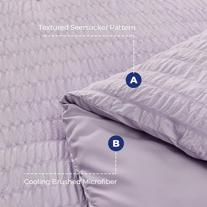 HYMOKEGE Lavender Twin Size Duvet Cover, Ultra Soft 2-Piece Seersucker Duvet Cover Set with Zipper Closure, Soft Brushed Microfiber Bedding Set with 8 Corner Ties (68"x90", 1 Pillowshams)