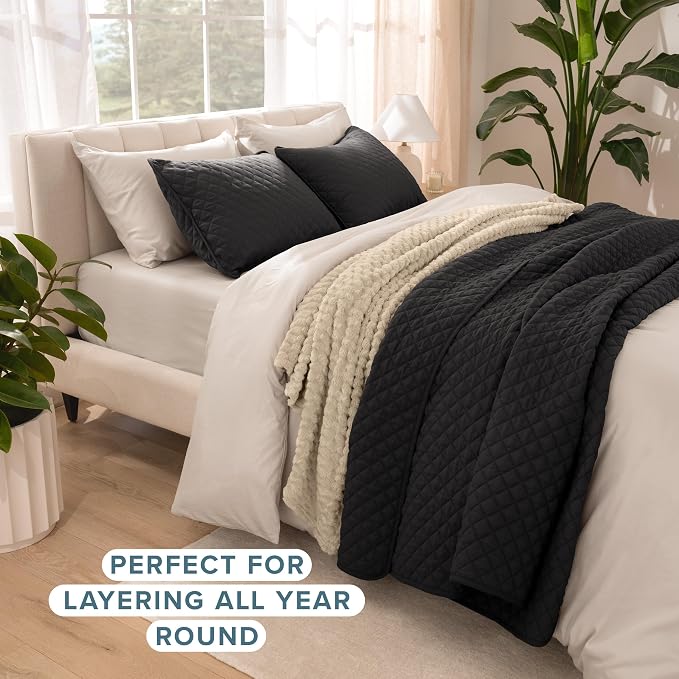 Bare Home Coverlet Set - Twin/Twin Extra Long - Lightweight Bed Decor - Comforter Alternative - All-Season Quilted Bedspread (Twin/Twin XL, Black)