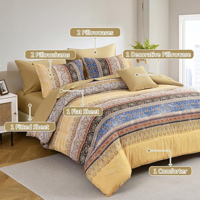 Cottolester Boho Queen Comforter Set 8 Pieces, Yellow Bohemian Striped Bed in a Bag, Paisley Soft Microfiber Bedding Comforter Set