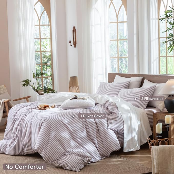 MooMee Striped Duvet Cover Set 100% Washed Cotton Linen Like Queen | Relaxed Linen-like Texture. Soft, Breathable & Long-lasting Comfort. Lightweight. Hidden Zipper with 8 Interior Corner Ties