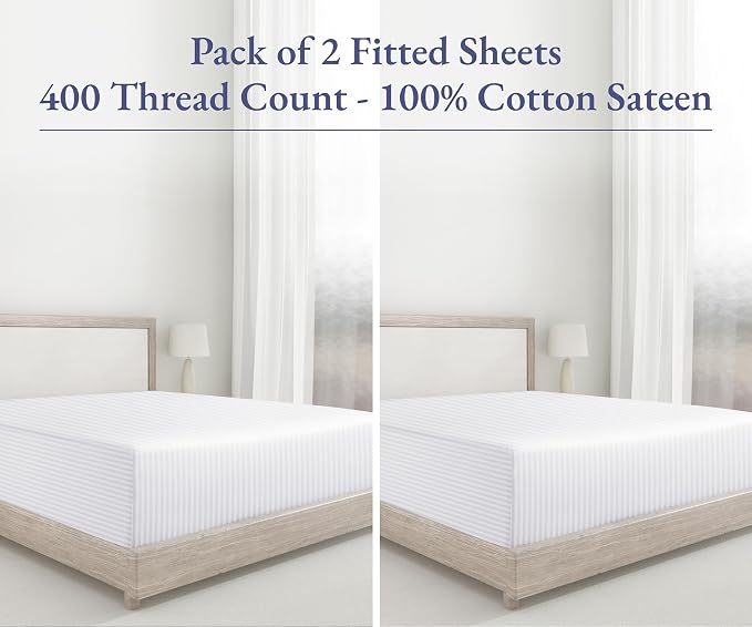 California Design Den 2-Pack 100% Cotton Sateen Twin Fitted Sheets, White | 2 Fitted Sheets, 400 Thread Count Backed by Good Housekeeping Seal, All-Around Elastic, No-Pop Fit, Durable, OEKO-TEX