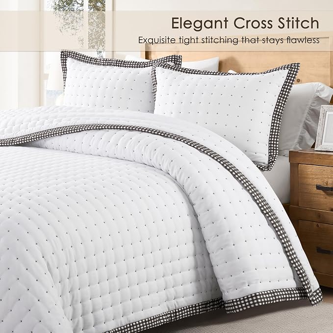 WDCOZY White Cloud Quilt Set King Size, Lightweight Soft Cross Stitch Bedspread, Farmhouse Rustic Country Coverlet, Spring Summer Thin Comforter, 3 Pieces, 2 Pillow Shams, 104x90 inches