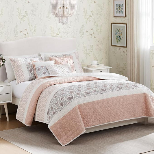 Madison Park Shabby Chic Cotton Quilt Set, 6PC Full/Queen Coverlet | Double-Sided Stitching Floral Design, All Season, with Shams, Bed Skirt, Decorative Pillows, Lightweight, Blush