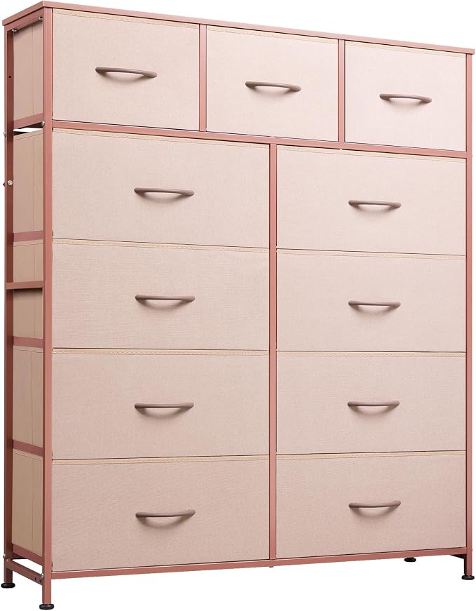 WLIVE Tall Dresser for Bedroom, 11 Drawer Chest of Drawers, Pink | 11 fabric storage drawers, Tall high-capacity design, Bedroom or dorm use, Sturdy steel frame, Smooth wood tabletop