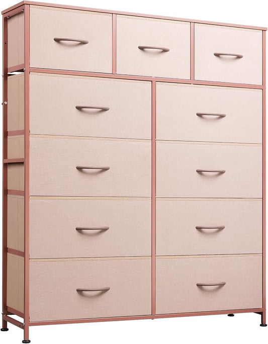 WLIVE Tall Dresser for Bedroom, 11 Drawer Chest of Drawers, Pink | 11 fabric storage drawers, Tall high-capacity design, Bedroom or dorm use, Sturdy steel frame, Smooth wood tabletop