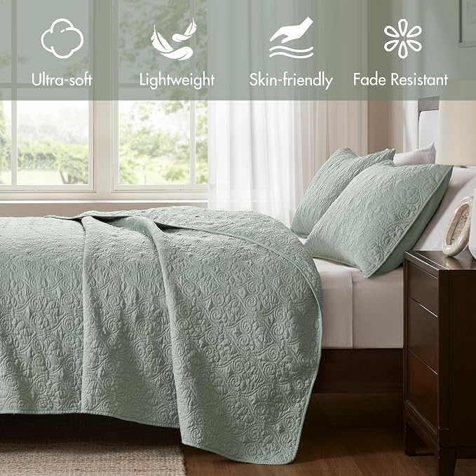 Madison Park Luxurious Cotton Damask Quilt Set, 3PC Full/Queen Bed Set | All Season, Lightweight Stitching Coverlet Bedspread Bedding Stitching with Shams, Seafoam