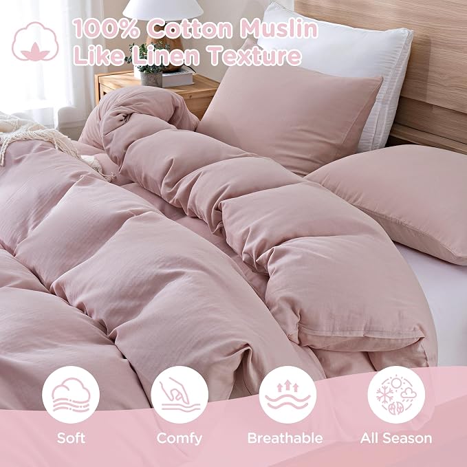 TOCOMOA 100% Muslin Cotton Duvet Cover Set, Pink, Queen | Linen-Like Texture. Ultra Soft, Breathable, Comfy & Lightweight Bedding Set with Zipper & 8 Ties. 3 Pcs, No Insert