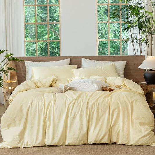 MooMee Striped Duvet Cover Set 100% Washed Cotton Linen Like Queen | Relaxed Linen-like Texture. Soft, Breathable & Long-lasting Comfort. Lightweight. Hidden Zipper with 8 Interior Corner Ties