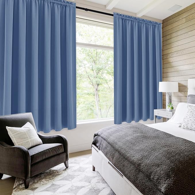 DWCN Wide Blackout Curtains for Bedroom 70 x 63 Inch Long Dusty Blue | 2 Panels Set, Room Darkening, Thermal Insulated, Light Blocking, Rod Pocket Drapes, Noise Reducing Window Treatment