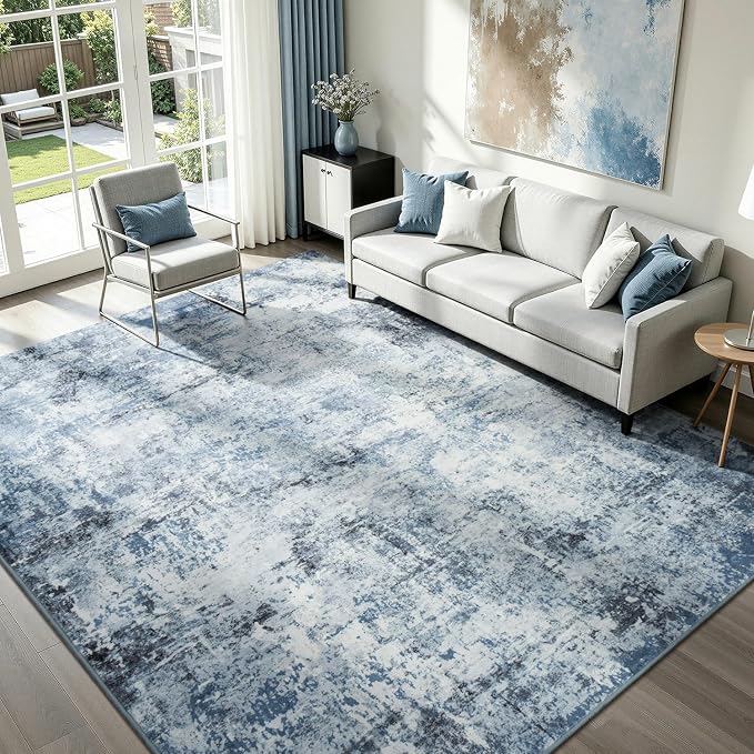 Rugflix 8x10 Area Rugs for Living Room, Washable Light Blue Grey Large Rug | Machine Washable; Stain-Resistant; Low Pile; Non-Slip; Modern Abstract; Black Carpet for Bedroom Dining Office Nursery Home