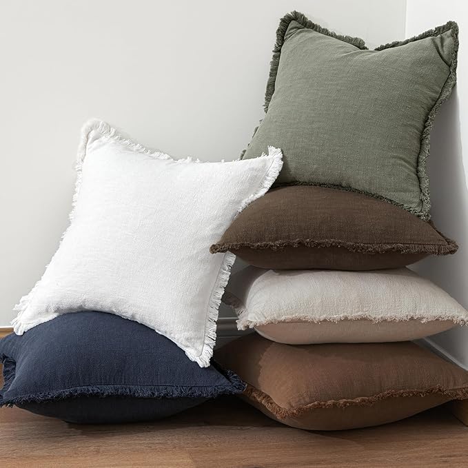 MIULEE Linen Fringe Decorative Fall Pillow Covers Chocolate Brown 26x26 | Set of 2, Cottagecore Decor, Boho Farmhouse Neutral Pillow Covers, Rustic Fall Couch Cushion Cases for Sofa Bed Living Room