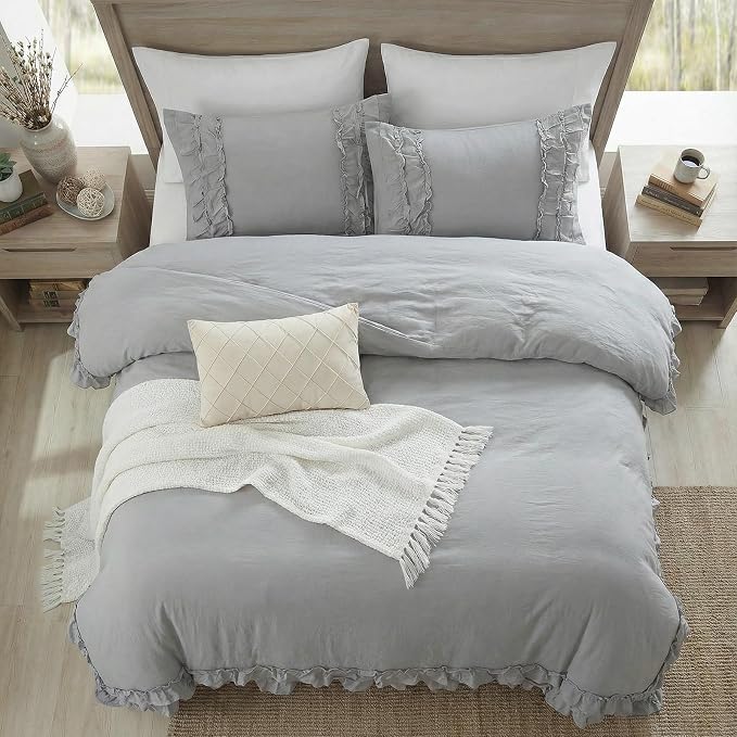 Bedorm Gray King Duvet Cover Set Ruffle Bedding Set Pleat Ruffled Shabby Chic Comforter Cover Extra Soft & Easy Care Gray Boho Duvet Cover with Zipper Closure