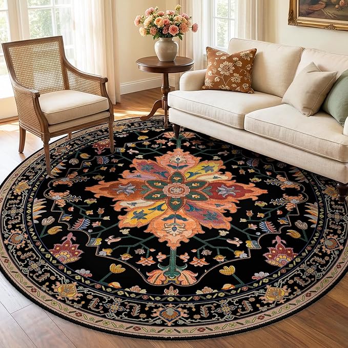 RELEANY Washable Area Rug, Round 6ft, Black/Colorful | Non-Slip, Water Repellent, Pet Friendly, Easy to Clean, Vintage Floral Boho Decor for Living Room Bedroom Dining Room