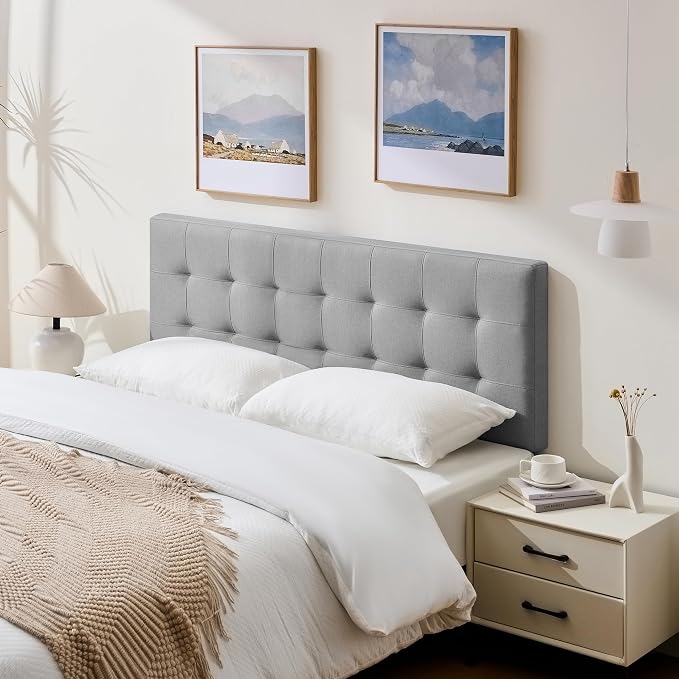Linen Stitched Tufted King Headboard, Adjustable Height 37.2-42.3 in, Gray | Wood Twin Headboard Only, Padded Support for Reading, Relaxing or Working in Bed, Stable Non-Slip Design, Fits Bed Frame