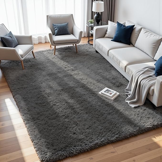 9x12 Fluffy Shag Area Rugs for Living Room Bedroom: Soft Plush Carpet Grey | Upgraded Non-Slip Thick Memory Foam, Ultra Soft, Non-Shedding Fuzzy Carpet, Easy Clean Decor for Kids Room, Nursery, Playroom