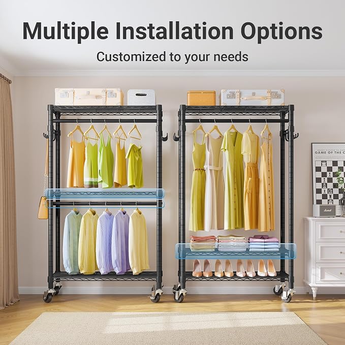 VIPEK R2 Mini Rolling Clothes Rack Portable Closet for Hanging Clothes | Lockable Silent Wheels, Double Hanging Rods, Adjustable Wire Shelving/Side Hooks, Space-Saving for Small Space, 450lbs, Black