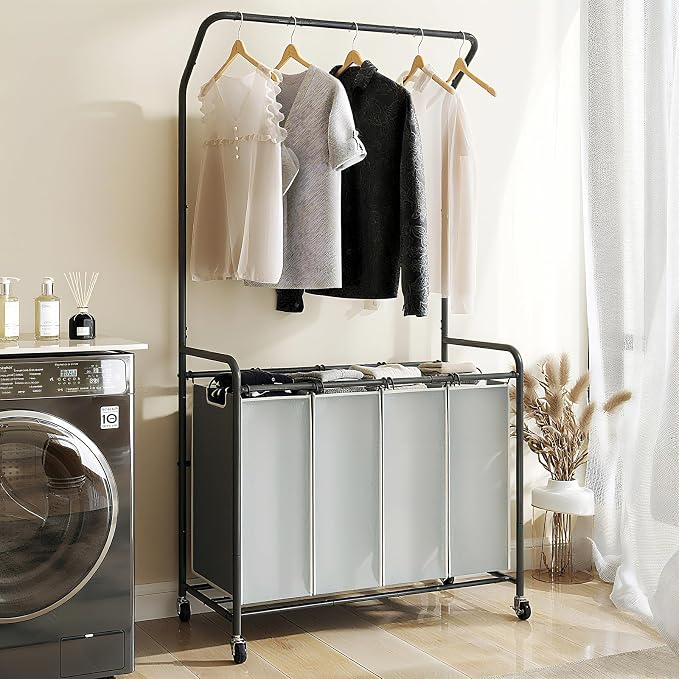 ROMOON Laundry Hamper Sorter Cart, 4 Section Organizer with Hanging Bar | 180L Rolling Laundry Basket with Heavy-duty Lockable Wheels and Clothes Rack for Laundry Room, Closet, Small Spaces, Grey