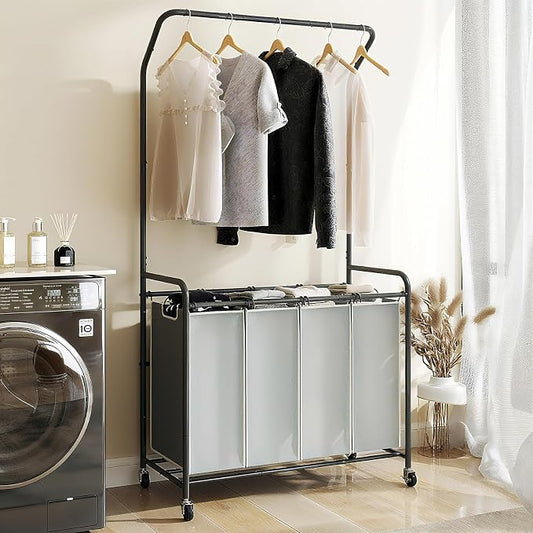 ROMOON Laundry Hamper Sorter Cart, 4 Section Organizer with Hanging Bar | 180L Rolling Laundry Basket with Heavy-duty Lockable Wheels and Clothes Rack for Laundry Room, Closet, Small Spaces, Grey