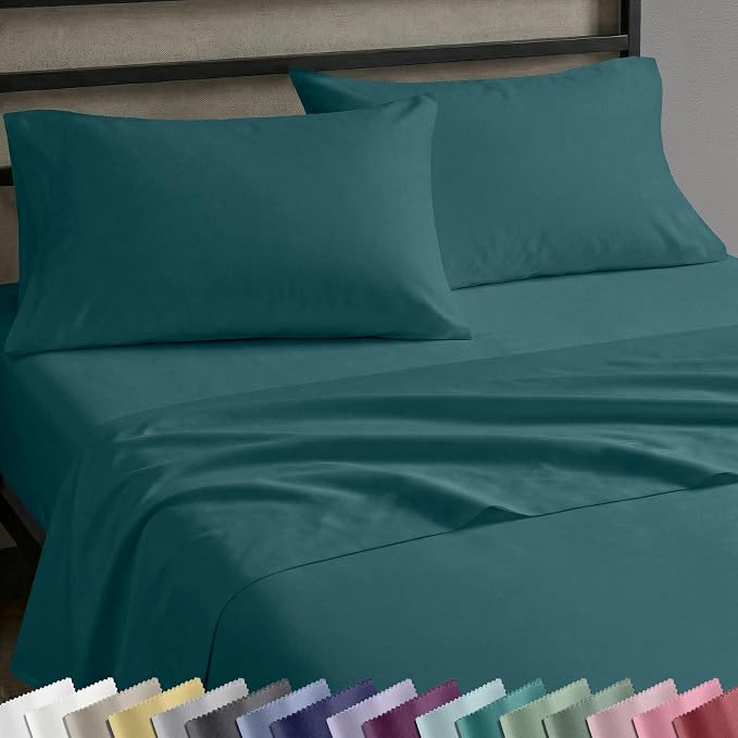 Soft Natural 100% Cotton Sateen King Bed Sheets, 4 Pc Set, Teal (Deep Tone) | Backed by Good Housekeeping Seal, Light & Breathable For Hot Sleepers, 14" Deep Pocket, All-Around Elastic, Durable