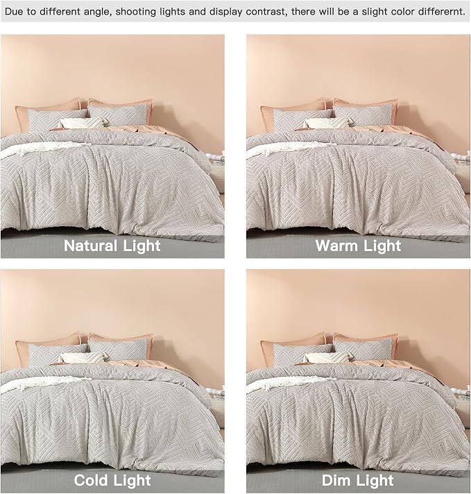 Litanika Super King Plus Comforter Set, 3 Pcs Tufted Boho Bedding Set | Linen Grey Farmhouse Shabby Chic Vintage Bohemian Textured Aesthetic Soft Fluffy Lightweight Breathable All Season Bed Set