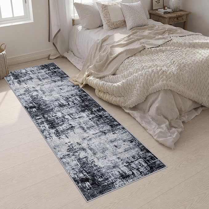 2.6x10 Washable Runner Rug:Modern Abstract Soft Carpet Dark Black | For Hallway, Bedroom, Kitchen, Laundry, Bathroom,Door Mat,Modern Abstract,Machine washable,Non-Slip,Stain Resistant,Indoor