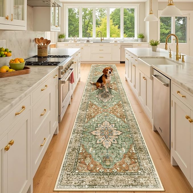 RELEANY Washable Area Rug, Runner 2'x10', Brick/Brown/Green | Non-Slip, Water Repellent, Pet Friendly, Easy to Clean, Vintage Floral Boho Decor for Kitchen Hallway Bedroom Laundry