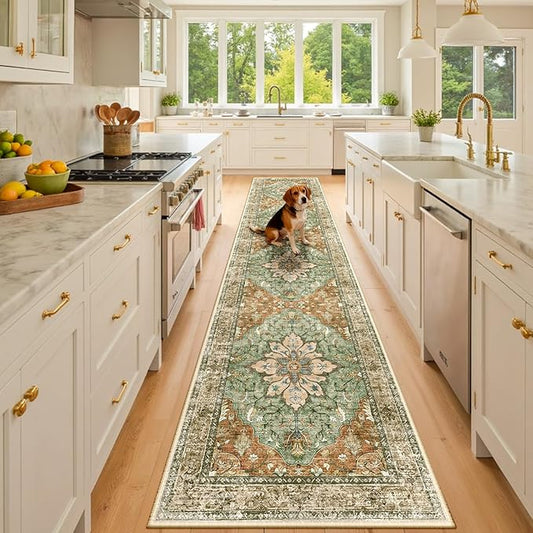 RELEANY Washable Area Rug, Runner 2'x10', Brick/Brown/Green | Non-Slip, Water Repellent, Pet Friendly, Easy to Clean, Vintage Floral Boho Decor for Kitchen Hallway Bedroom Laundry