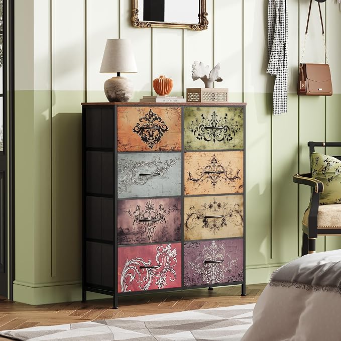 WLIVE 8 Drawer Fabric Dresser for Bedroom, Tall Storage Tower, Pattern | 8-drawer tall storage tower with fabric bins and wood tabletop, breathable non-woven, perfect for bedroom closet dorm