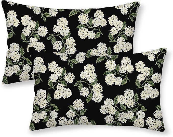 Black Spring Pillow Covers 12x20 Inch 2 Pcs Green Hydrangea Flower Decor Throw Pillows Vintage Floral Seasonal Summer Outdoor Decoration Pillowcase Linen Cushion Cover for Couch Sofa