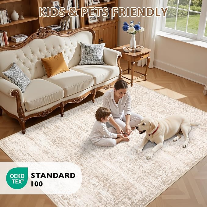 5x7 Area Rugs Living Room: Washable Rug for Bedroom Beige Brown | Boho No Slip Stain Resistant Rug Soft Indoor Decor Floor Floral 5x7 Area Rugs for Dining Room, Nursery, Hallway, Home Office