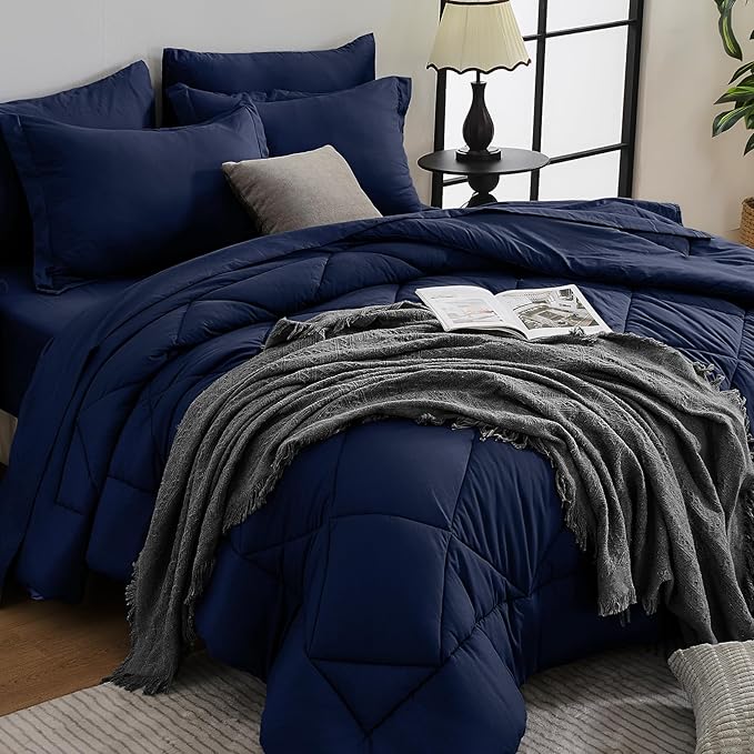7-Piece Oversized Queen Comforter Set, Navy | Reversible, All-Season, Soft, 7 Piece Set, All-Season Reversible Bed in a Bag, Flat Sheet, Fitted Sheet, Pillowcases