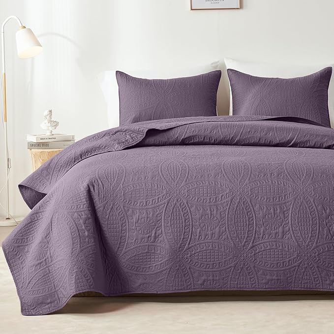 akkialla Grayish Purple Twin Quilt Set, Ultrasonic Lightweight Bedspread Coverlet for Modern Minimalist Bedroom, Soft Microfiber Coin Pattern Bedding, 2-Piece (1 Quilt, 1 Pillow Sham) | Breathable fabric