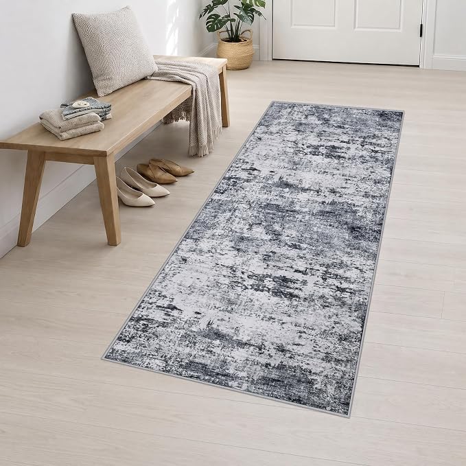 2.6x8 Washable Runner Rug：Modern Abstract Kitchen Soft Carpet Grey | For Hallway, Bedroom, Kitchen, Laundry, Bathroom,Door Mat,Modern Abstract,Machine washable,Non-Slip,Stain Resistant,Indoor